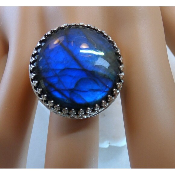 Large Spectrolite Labradorite Sterling Silver Ring Size 7.5 Handmade OOAK - Picture 8 of 10